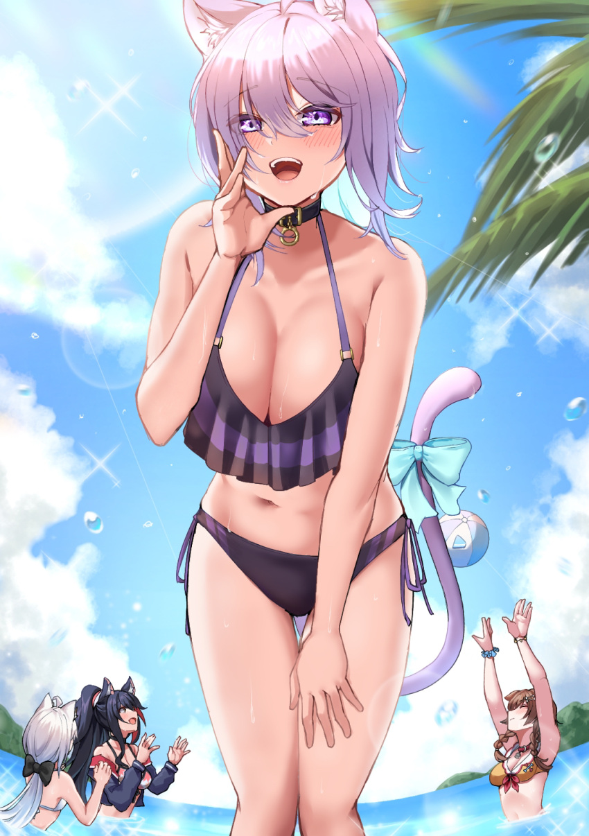 4girls :d animal_ear_fluff animal_ears arms_up bangs bare_arms bare_shoulders bikini bisuke_(isbsk_ekaki) black_bikini black_bow black_hair black_jacket blue_bow blue_sky blush bow bracelet braid breasts brown_hair cat_ears cat_girl cat_tail cleavage cloud collar collarbone day feet_out_of_frame grey_hair hair_between_eyes hair_bow highres hololive inugami_korone jacket jewelry large_breasts long_hair long_sleeves low_ponytail multiple_girls nekomata_okayu ookami_mio open_clothes open_jacket open_mouth orange_bikini outdoors purple_eyes purple_hair shirakami_fubuki short_hair side-tie_bikini sky smile solo_focus standing swimsuit tail tail_bow tail_ornament thigh_gap twin_braids very_long_hair virtual_youtuber white_bikini