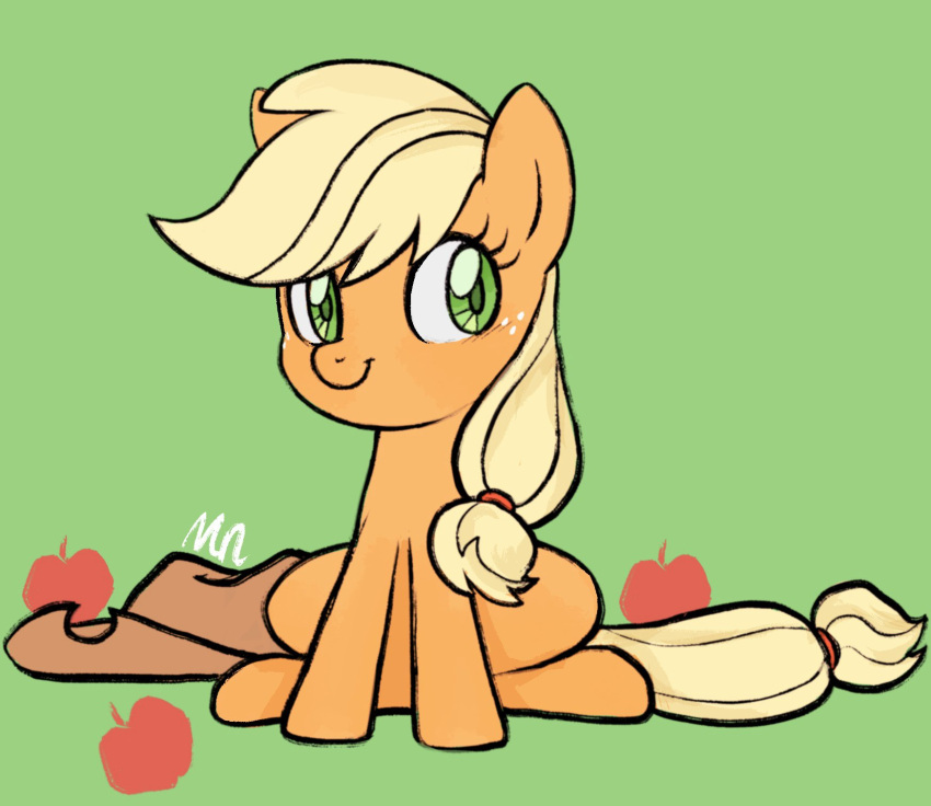 2021 apple applejack_(mlp) clothing cowboy_hat digital_media_(artwork) earth_pony equid equine eyelashes female feral freckles friendship_is_magic green_background green_eyes hasbro hat headgear headwear hi_res horse mammal mn27 my_little_pony orange_body pony simple_background sitting smile solo