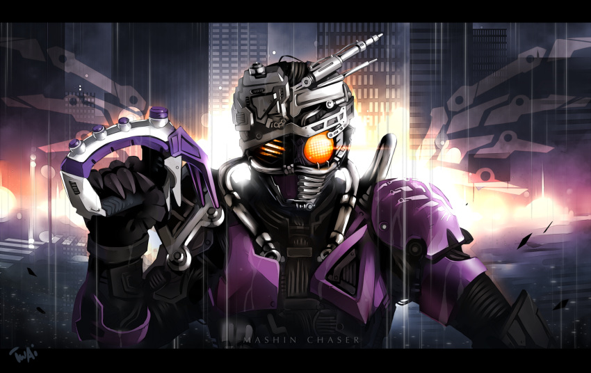 1boy armor artist_name cable character_name city commentary compound_eyes gun highres holding holding_gun holding_weapon kamen_rider kamen_rider_drive_(series) male_focus mashin_chaser orange_eyes shoulder_pads signature solo tokusatsu twai upper_body weapon
