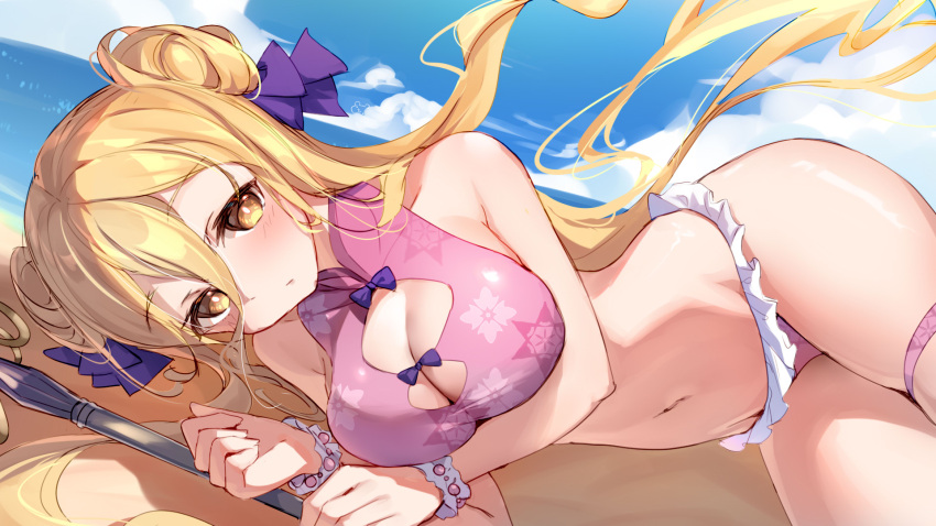 1girl bangs bare_arms beach bikini bison_cangshu blonde_hair blue_sky blush breasts brown_eyes cleavage cloud date_a_live day floral_print frilled_bikini frills hair_between_eyes hair_bun hair_ribbon highres hoshimiya_mukuro large_breasts long_hair looking_at_viewer lying navel ocean on_side outdoors pink_bikini print_bikini ribbon scrunchie sky solo swimsuit thigh_strap wrist_scrunchie