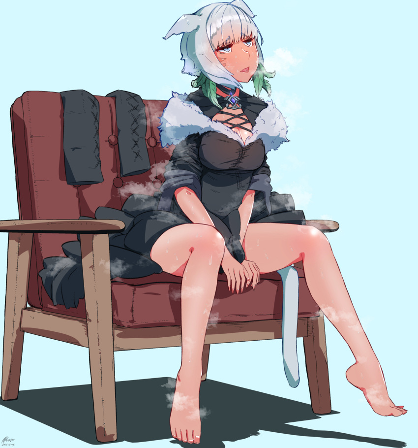 1girl animal_ears bare_legs barefoot breasts cat_ears cat_tail chair cleavage exhausted feather_hair_ornament feathers final_fantasy final_fantasy_xiv fur_collar grey_hair hair_ornament highres legwear_removed lqigwhr7eydrns2 miqo'te short_hair solo spread_legs steaming_body sweat tail y'shtola_rhul