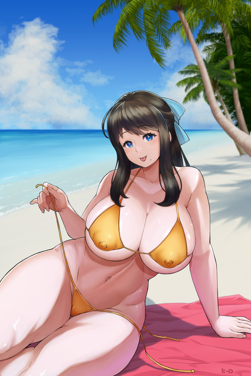 1girl absurdres bare_shoulders beach bikini blue_eyes blue_sky bow breasts brown_hair cleavage cloud covered_nipples hair_bow hero_(do-belman) highres huge_breasts long_hair navel nipples ocean original palm_tree red_towel sand sky solo summer swimsuit thick_thighs thighs tongue tongue_out towel tree untied untied_bikini yellow_bikini