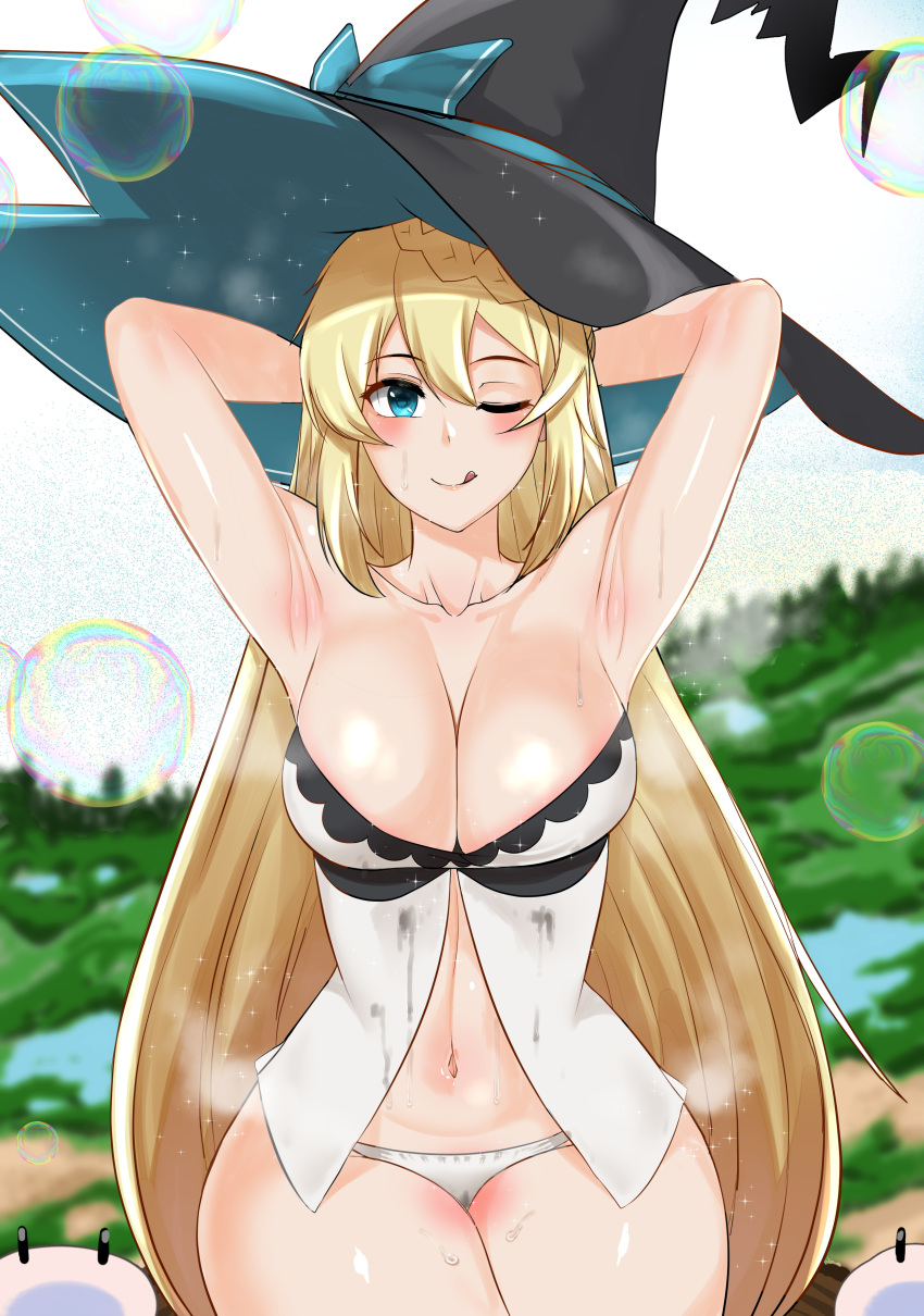 absurdres aizawa_azusa armpits arms_behind_head arms_up blonde_hair blue_eyes blurry blurry_background braid breasts bubble cleavage hair_between_eyes hat highres landscape large_breasts large_hat long_hair midriff_peek navel one_eye_closed open_clothes outdoors panties sleeveless slime_(creature) slime_taoshite_300_nen_shiranai_uchi_ni_level_max_ni_nattemashita smile stained_clothes steam steaming_body sweat sweaty_clothes tongue tree underwear very_long_hair voidmakerz wide_hips witch_hat