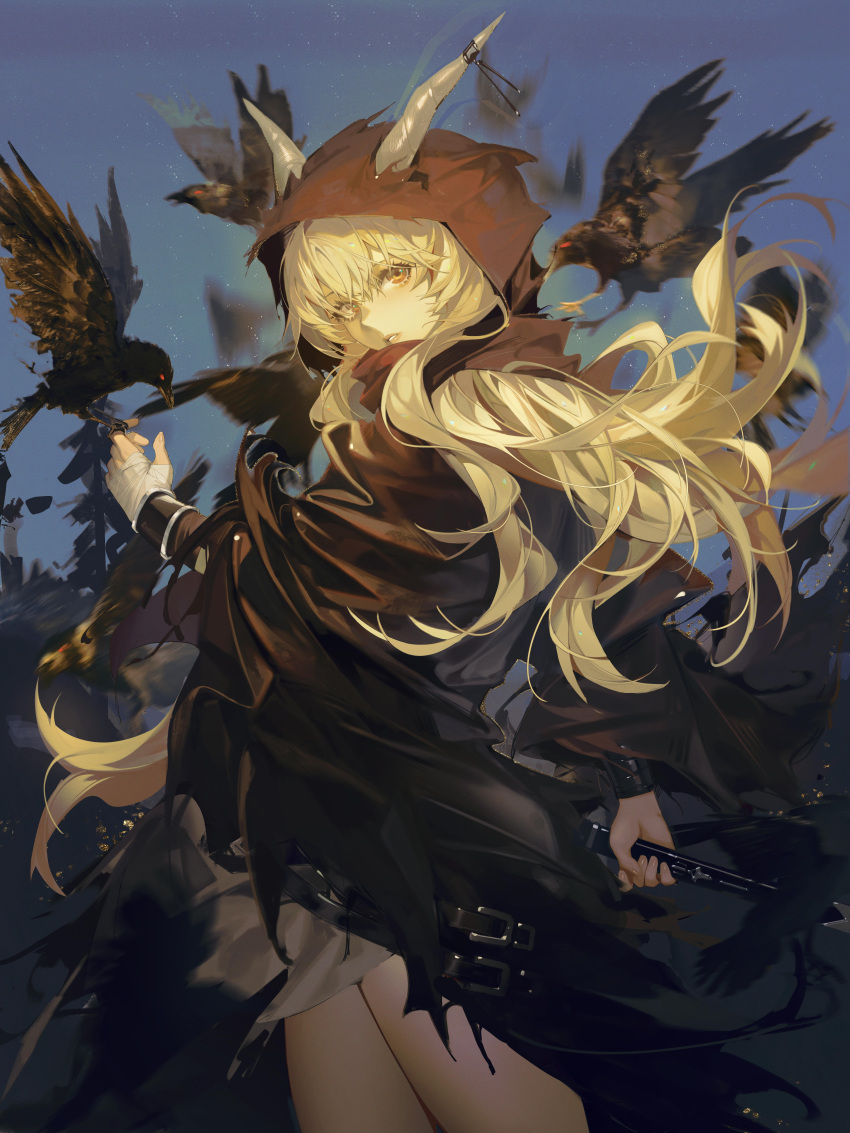 1girl absurdres arknights bandaged_arm bandages bird bird_on_hand blonde_hair blue_background cloak cowboy_shot crow from_side highres holding holding_staff hood hood_up hooded_cloak horns_through_hood koi_han long_hair long_sleeves looking_at_viewer looking_to_the_side parted_lips red_eyes shining_(arknights) simple_background solo staff thighs very_long_hair