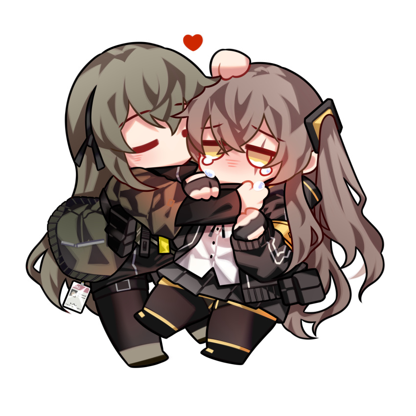 2girls absurdres bangs black_gloves black_pantyhose black_ribbon black_skirt blush brown_hair chibi closed_eyes commission commissioner_upload crying crying_with_eyes_open fingerless_gloves full_body garter_straps girls'_frontline gloves hair_between_eyes hair_ornament hair_ribbon headpat heart highres hug id_card jacket long_hair multiple_girls one_side_up open_clothes open_jacket orange_eyes pantyhose pleated_skirt ribbon scar scar_across_eye scar_on_face shirt simple_background skirt standing tears ump40_(girls'_frontline) ump45_(girls'_frontline) white_background white_shirt yuutama2804