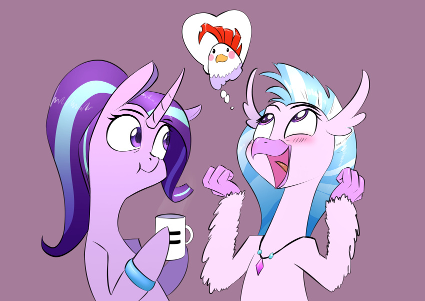 absurd_res avian blush bracelet cockatrice duo equid equine european_mythology friendship_is_magic greek_mythology hair hi_res hippogriff horn jewelry mammal my_little_pony mythological_avian mythology necklace purple_eyes purple_hair scalie silverstream_(mlp) starlight_glimmer_(mlp) underpable unicorn