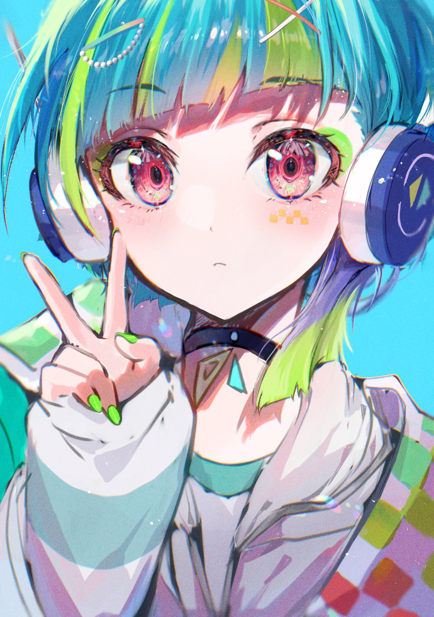 1girl blue_background blue_hair blush choker closed_mouth eita_789 green_hair headphones highres jacket long_sleeves looking_at_viewer multicolored_hair nail_polish omega_auru pretty_(series) purple_eyes short_hair solo waccha_primagi!