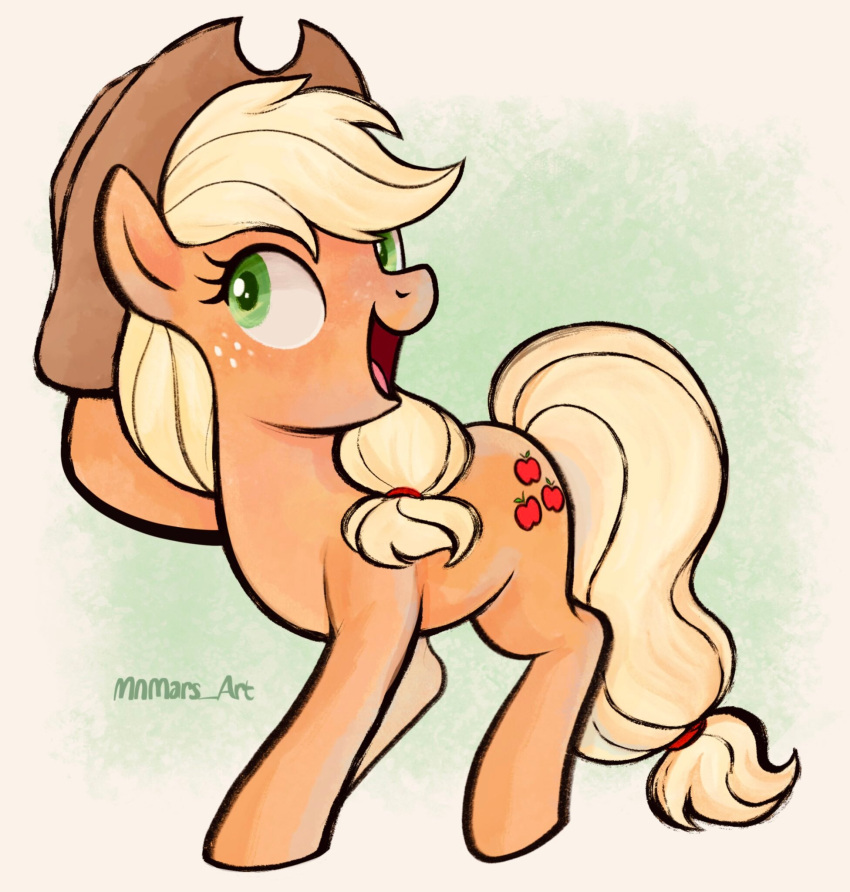 2022 applejack_(mlp) clothing cowboy_hat cutie_mark earth_pony equid equine eyelashes female feral freckles friendship_is_magic green_eyes hasbro hat headgear headwear hi_res horse mammal mn27 my_little_pony open_mouth open_smile orange_body pony signature smile solo
