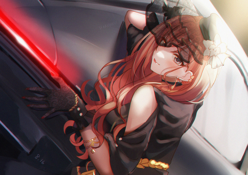 1girl absurdres arisugawa_natsuha black_dress car dated dress gloves grey_eyes ground_vehicle hat highres idolmaster idolmaster_shiny_colors kevn light_smile lips looking_at_viewer motor_vehicle orange_hair ribbon smile solo transparent_gloves veil white_ribbon