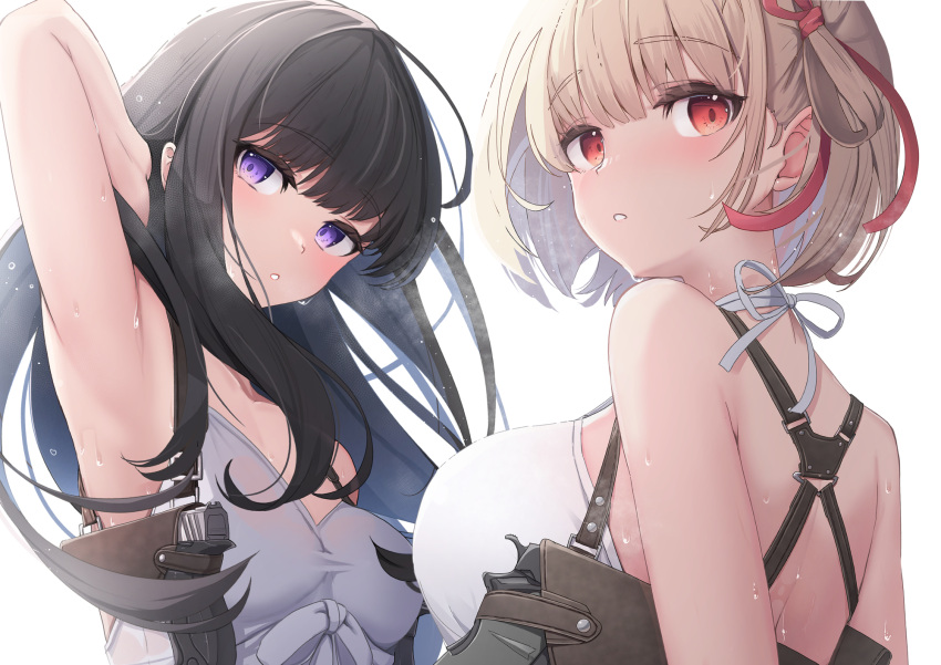 2girls :o arm_behind_head armpits bangs bare_arms bare_shoulders black_hair blonde_hair breasts camisole collarbone commentary_request grey_camisole gun hand_up handgun highres holster holstered_weapon inoue_takina long_hair looking_at_viewer lycoris_recoil medium_breasts multiple_girls nishikigi_chisato parted_lips purple_eyes red_eyes shoulder_holster simple_background sweat tatapopo weapon white_background white_camisole