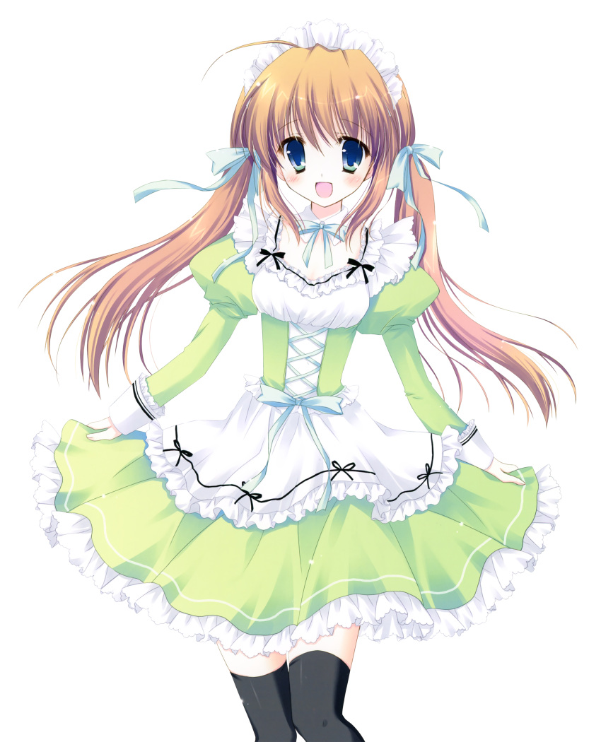 absurdres ahoge bad_source black_socks bow bowtie copyright_request dress frilled_dress frills green_dress hair_ribbon happy hasekura_chiaki highres long_hair looking_at_viewer maid maid_headdress open_mouth ribbon skirt_hold smile socks source_request twintails white_background