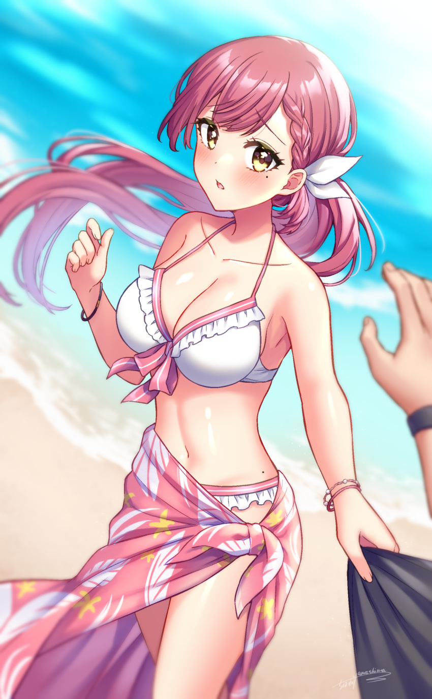 1girl armpits bangs beach bikini blush bracelet braid breasts cleavage clothes_grab day frilled_bikini frills hair_ribbon highres jewelry large_breasts long_hair looking_at_viewer mio1030 mole mole_on_stomach mole_under_eye multiple_bracelets navel ocean open_mouth original outdoors pink_hair ponytail ribbon sarong solo_focus swimsuit very_long_hair yellow_eyes