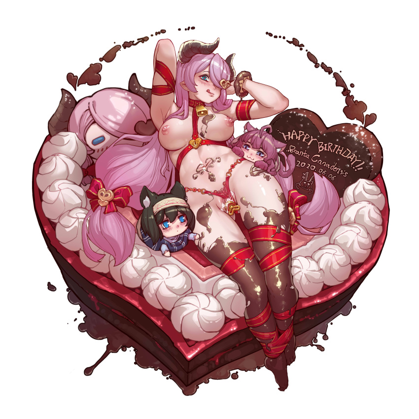 3girls :3 absurdres ahoge animal_ear_fluff animal_ears animal_hands bangs bdsm bell black_hair blue_eyes blue_shawl blush bondage bound bow breasts brown_horns cat_ears cat_girl cat_paws cat_tail chibi chinese_commentary chocolate chocolate_doughnut chocolate_on_body chocolate_on_breasts closed_mouth clothing_aside commentary curled_horns demon_horns di_yi_xing_zian doll doughnut draph english_text food food_on_body full_body granblue_fantasy hair_between_eyes hair_bow hair_over_one_eye hairband heart heart-shaped_pupils highres horns ichinose_shiki idolmaster idolmaster_cinderella_girls large_breasts licking_lips long_hair long_sleeves looking_at_viewer low_tied_hair lying medium_hair minigirl multiple_girls narmaya_(granblue_fantasy) navel neck_bell nipples nude object_insertion on_back one_eye_covered panties panties_aside parted_bangs pink_hair pointy_ears purple_hair pussy red_bow red_panties sagisawa_fumika sex_toy shawl simple_background suggestive_fluid symbol-shaped_pupils tail tongue tongue_out underwear vaginal vaginal_object_insertion very_long_hair whipped_cream white_background