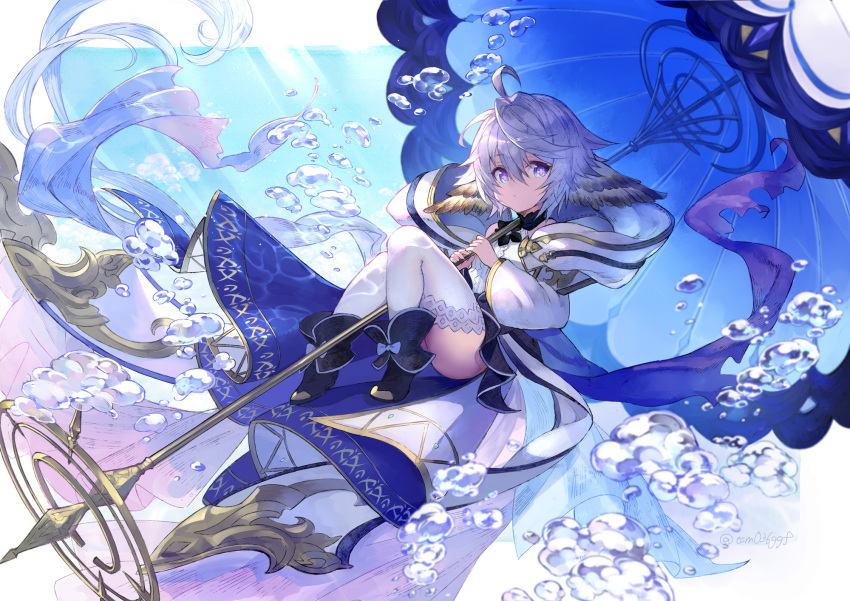 1girl ahoge ass bow dress_bow flower-shaped_pupils granblue_fantasy harvin highres holding holding_umbrella osamu_(jagabata) parasol solo symbol-shaped_pupils thighhighs umbrella wamdus_(granblue_fantasy) white_hair