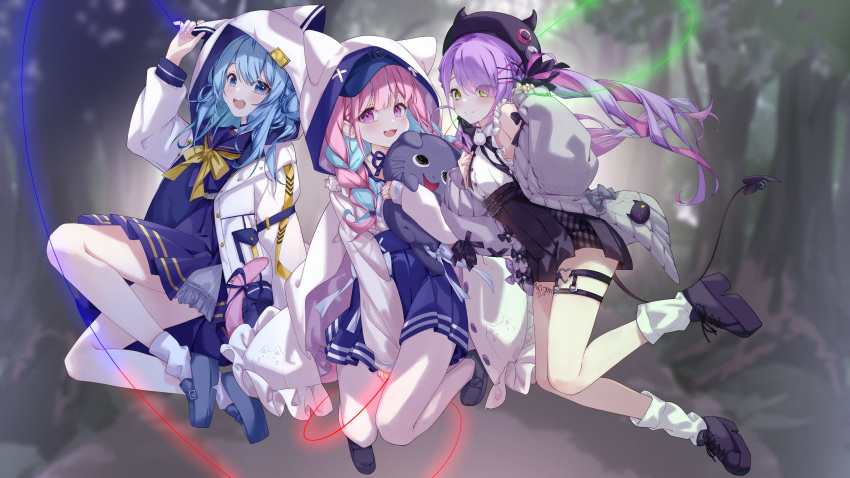 3girls absurdres anniversary beret blue_eyes blue_hair braid demon_girl demon_tail doll_hug dress green_eyes hair_ornament hat highres hololive hood hoodie hoshimachi_suisei legwear_garter long_hair looking_at_viewer minato_aqua multiple_girls object_hug open_mouth pink_hair pola_(1021) purple_eyes purple_hair smile stuffed_animal stuffed_toy tail tokoyami_towa virtual_youtuber