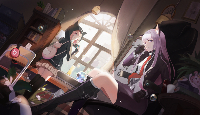 2girls absurdres animal_ears arcade_cabinet backpack bag bangs black_gloves black_jacket black_thighhighs book boots cat_ears chair collared_shirt dr_pepper fake_animal_ears gloves handheld_game_console high_heel_boots high_heels highres holding holding_handheld_game_console hood hood_up indoors jacket johnwake kirigiri_kyouko lamp long_hair long_sleeves miniskirt monomi_(danganronpa) multiple_girls nanami_chiaki necktie no_hair_ornament open_clothes open_jacket pink_bag pink_hair pleated_skirt red_necktie shelf shirt sitting skirt table thighhighs white_shirt window