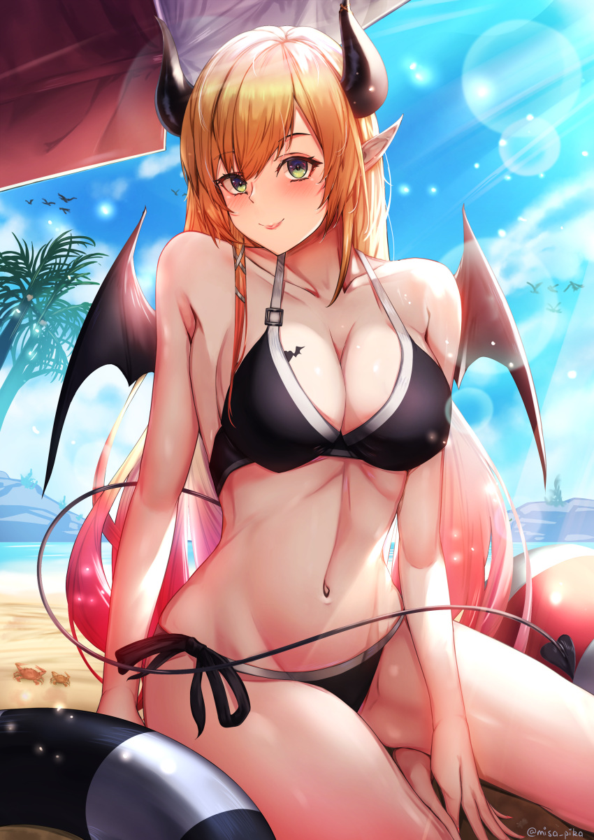 1girl absurdres artist_name ball bangs bare_shoulders beach bikini black_bikini black_horns black_swimsuit blonde_hair blue_sky blush breasts cleavage closed_mouth collarbone colored_inner_hair commentary crab dated_commentary demon_girl demon_horns demon_tail demon_wings feet_out_of_frame green_eyes hands_on_ground highres hololive horns large_breasts lifebuoy lips long_hair looking_at_viewer misa_pika multicolored_hair navel ocean on_ground palm_tree pointy_ears sand sky smile solo stomach swimsuit tail thighs tree virtual_youtuber wings yuzuki_choco