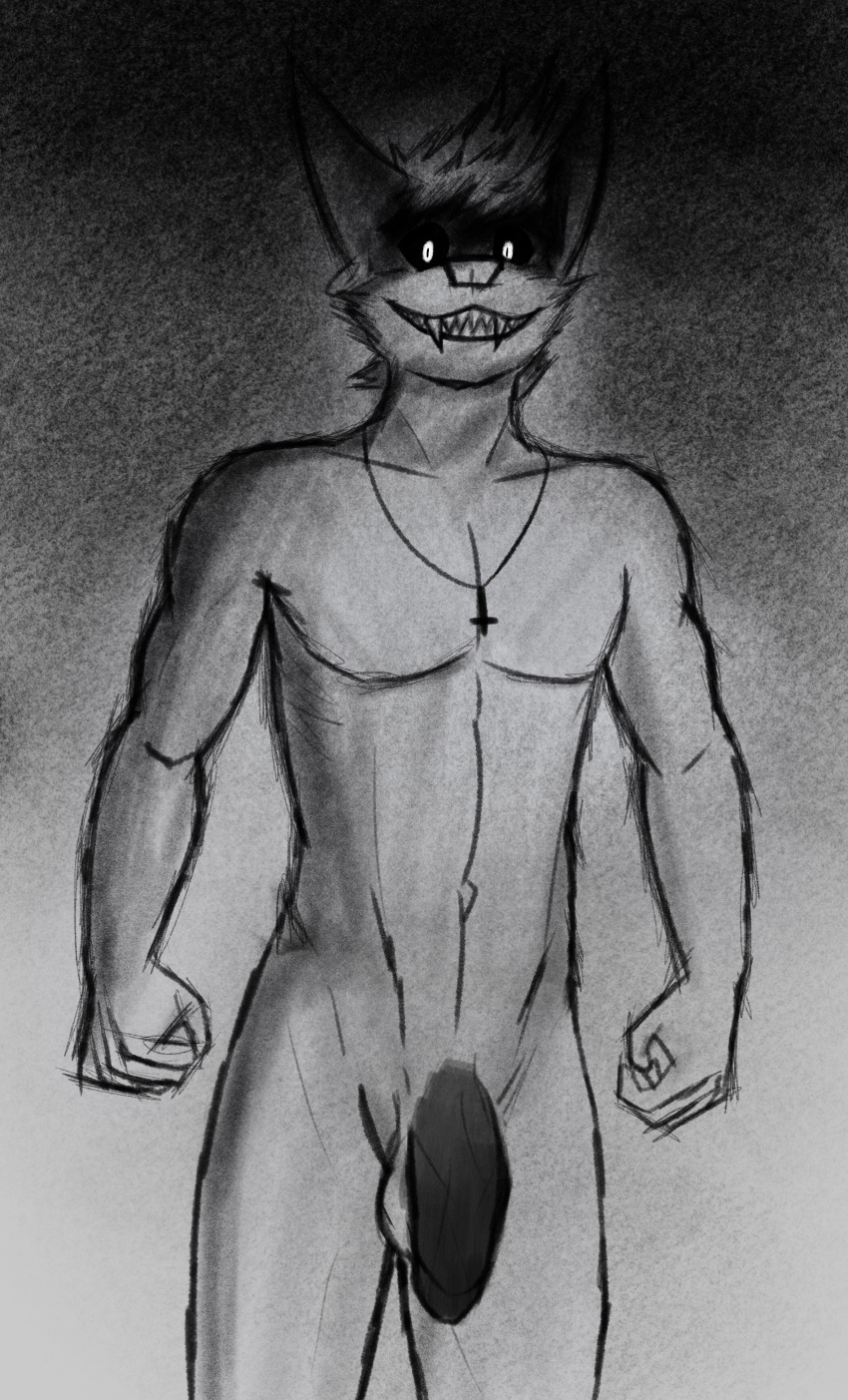 absurd_res anthro balls big_ears black_and_white black_penis black_sclera botter botter_dork chiropteran digital_media_(artwork) dramatic_lighting fangs fur genitals glowing glowing_eyes grin hair hi_res humanoid_genitalia humanoid_penis hybrid looking_at_viewer male mammal monochrome muscular mustelid nude penis rio_(botter_dork) simple_background smile solo