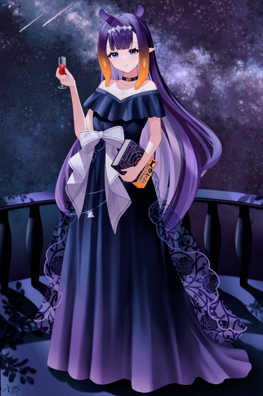 1girl absurdres animal_ears balcony bangs blush book bow cup dress drink drinking_glass evening_gown floral_print headpiece highres holding holding_book holding_cup holding_drink hololive hololive_english lace long_dress long_hair m99909678 multicolored_hair night night_sky ninomae_ina'nis off-shoulder_dress off_shoulder orange_hair outdoors purple_eyes purple_hair rose_print shooting_star sky smile solo star_(sky) starry_sky tentacle_hair two-tone_hair very_long_hair virtual_youtuber waist_bow wine_glass
