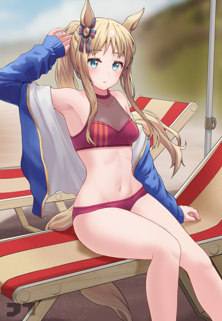 1girl absurdres alternate_costume alternate_hairstyle animal_ears beach beach_chair bikini blue_eyes blue_jacket blush breasts brown_hair ear_bow grass_wonder_(umamusume) groin highres horse_ears horse_girl horse_tail jacket jtleeklm long_hair looking_at_viewer navel off_shoulder open_clothes open_jacket parted_lips ponytail red_bikini see-through sitting small_breasts solo surprised swimsuit tail umamusume