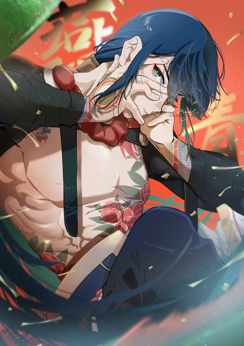 1boy absurdres alternate_hair_color background_text bangs black_pants blue_hair chest_tattoo chinese_clothes chinese_commentary chinese_text closed_mouth commentary_request confetti dragon_tattoo expressionless eyes_visible_through_hair fate/grand_order fate_(series) feet_out_of_frame flower_tattoo gauntlets green_eyes hair_between_eyes hands_on_own_cheeks hands_on_own_face highres long_hair long_sleeves looking_at_viewer male_focus nagatekkou no_nipples nvy_xxx pants pixiv_id ponytail smile solo tattoo topless_male twitter_username very_long_hair yan_qing_(fate) yin_yang yin_yang_tattoo