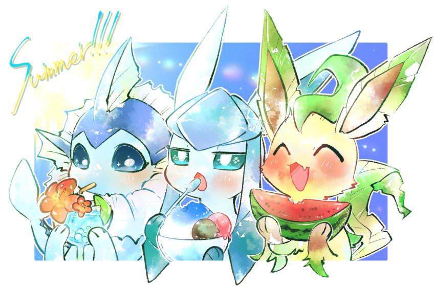 :d ^_^ blue_eyes blush bowl bright_pupils closed_eyes commentary_request drinking drinking_straw_in_mouth eating fang flower glaceon glass green_eyes happy holding leafeon naoto_(shion) no_humans open_mouth pokemon pokemon_(creature) shaved_ice smile vaporeon watermelon_slice white_pupils