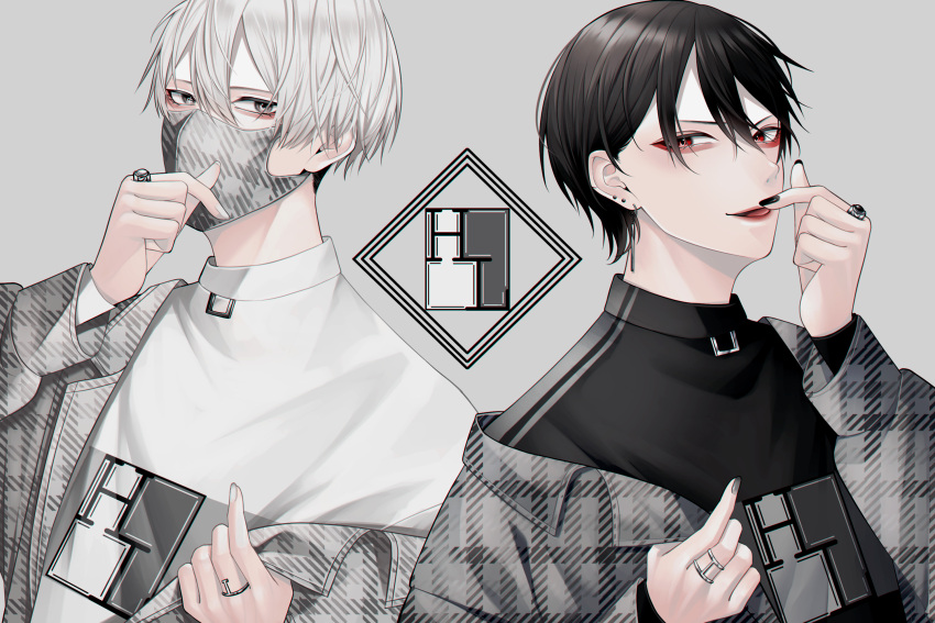 2boys black_hair copyright_request ear_piercing finger_heart grey_background grey_eyes highres jewelry long_sleeves looking_at_viewer matching_outfit multiple_boys nail_polish obisn open_mouth original piercing red_eyes ring short_hair turtleneck white_hair