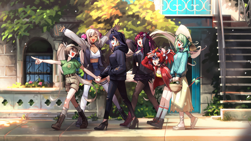 6+girls :d absurdres adarin ahoge alternate_costume animal_ears antlers arms_up bangs basket black_hair black_hoodie black_jacket blonde_hair blue_eyes blue_hair blue_sweater boots branch brown_eyes brown_hair casual ceres_fauna closed_eyes dark-skinned_female dark_skin denim earrings feather_hair_ornament feathers flower friend_(nanashi_mumei) green_hair green_shirt hair_flower hair_intakes hair_ornament hair_over_one_eye hairclip hakos_baelz hat head_chain high_heels highres holocouncil hololive hololive_english hood hoodie horns irys_(hololive) jacket jeans jewelry kneehighs letterman_jacket light_brown_hair limiter_(tsukumo_sana) long_hair long_skirt merchandise mouse_ears mouse_girl mouse_tail mousetrap multicolored_hair multiple_girls nanashi_mumei ouro_kronii pants planet_hair_ornament pleated_skirt pointing ponytail purple_hair red_hair road sandals shirt short_hair sidewalk skirt smile socks streaked_hair street sun_hat sweater t-shirt tail thighhighs torn_clothes track_jacket tsukumo_sana twintails very_long_hair virtual_youtuber white_hair