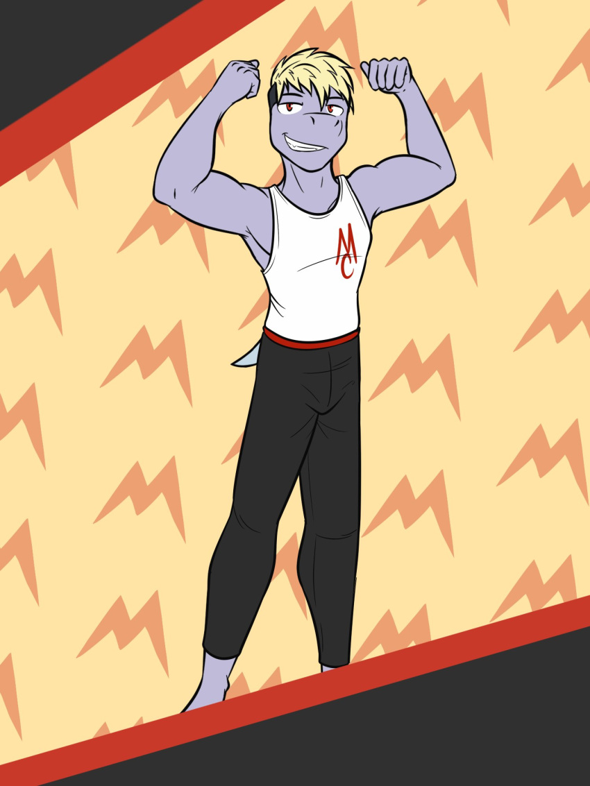 abstract_background anthro anthrofied bottomwear clothed clothing flexing fully_clothed fuze hi_res machop male nintendo pants pok&eacute;mon pok&eacute;mon_(species) pok&eacute;morph rex_(fuze) shirt solo tank_top topwear video_games