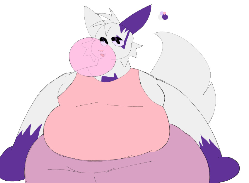 absurd_res alpha_channel anthro belly bubble_gum candy chubby_anthro chubby_male clothing dessert fluffy fluffy_tail food fur hi_res male nintendo overweight overweight_male pink_clothing pok&eacute;mon pok&eacute;mon_(species) purple_body purple_fur shirt solo solo_focus tank_top thick_thighs topwear unknown_artist video_games white_body white_fur zangoose