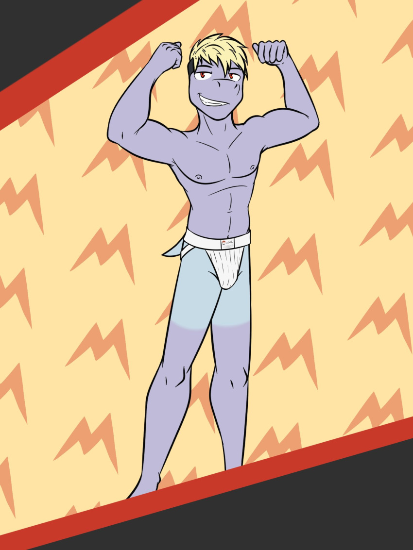 abstract_background anthro anthrofied clothed clothing flexing fuze hi_res jockstrap jockstrap_only machop male nintendo nipples pok&eacute;mon pok&eacute;mon_(species) pok&eacute;morph rex_(fuze) solo suntan tan_line topless underwear underwear_only video_games