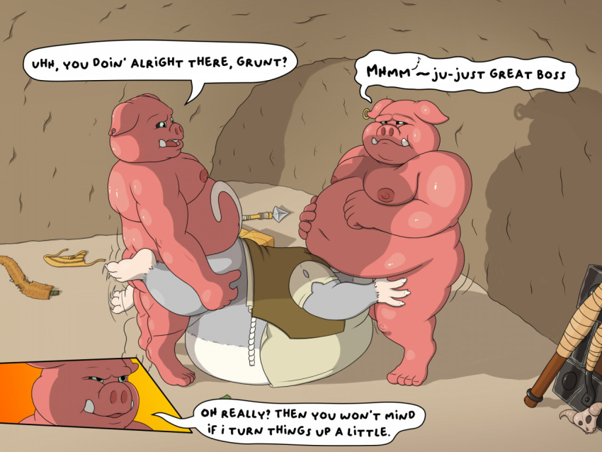 2022 anthro belly big_belly blin_(tloz) cave comic detailed_background dialogue english_text grey_body group group_sex humanoid_hands inside male mammal moblin moobs mouse murid murine nintendo nipples obese obese_male overweight overweight_male rodent sex shield_moblin shori_d skyward_sword suina text the_legend_of_zelda threesome video_games