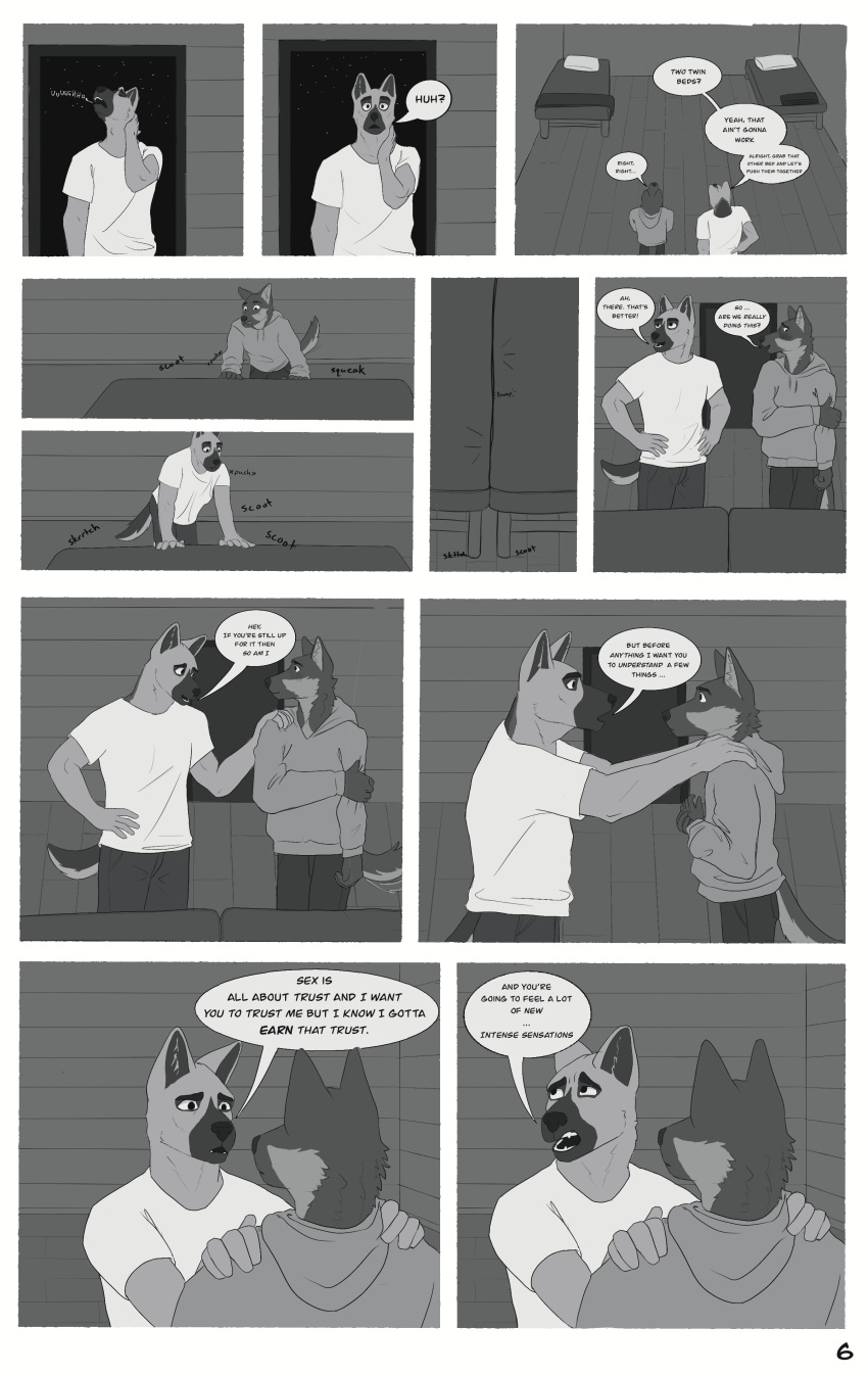 absurd_res anthro bed blush cabin canid canine canis clothed clothing comic conkycorp dialogue digital_media_(artwork) domestic_dog duo english_text father father_and_child father_and_son forest furniture german_shepherd greyscale hand_on_shoulder herding_dog hi_res hoodie incest_(lore) male male/male mammal mitchell_(conkycorp) moan monochrome night open_mouth page_number pages parent parent_and_child pastoral_dog plant serious serious_face sex_education simple_background sky son speech_bubble star storytelling tail tail_motion tailwag teddy_(conkycorp) text topwear tree virgin virginity