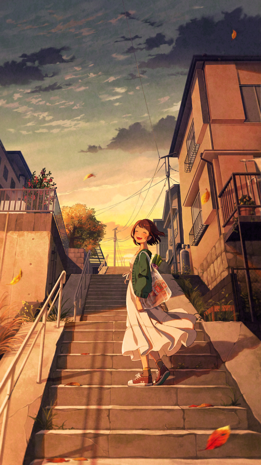 1girl :d absurdres autumn bag bangs blush brown_hair building cheeeeezi closed_eyes cloud commentary_request dress evening facing_viewer from_side green_jacket groceries highres jacket leaf long_sleeves looking_back open_mouth original outdoors power_lines red_footwear shoes shopping_bag short_hair sky smile sneakers socks solo stairs standing town tsujin_bohboh white_dress wide_shot wind