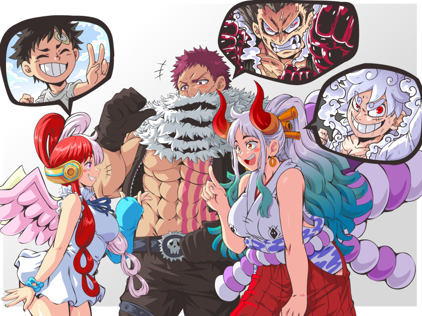 +++ 2boys 2girls abs animal_ears arm_at_side bandaid bandaid_on_face bare_arms bare_shoulders belt black_hair black_skin blue_hair blush_stickers border charlotte_katakuri clenched_teeth colored_skin covered_mouth cowboy_shot curled_horns dress earrings gear_fifth gear_fourth gloves green_hair grin hair_ornament hair_rings hair_stick hakama hand_up headphones height_difference high_ponytail highres horns japanese_clothes jewelry kimono leaning_forward lewdamone long_hair looking_at_another microdress missing_tooth monkey_ears multicolored_hair multicolored_horns multiple_boys multiple_girls muscular muscular_male one_piece oni open_clothes open_mouth open_vest orange_horns outstretched_arm pants pectorals pink_hair purple_hair red_eyes red_hair red_horns red_skin rope scar scar_on_face scarf scarf_over_mouth shimenawa single_sleeve sleeveless sleeveless_dress sleeveless_kimono sleeves_past_wrists smile split-color_hair spoilers steam stitches stomach stomach_tattoo tattoo teeth two-tone_hair unzipped uta_(one_piece) v v-shaped_eyebrows very_long_hair vest white_border white_hair wings yamato_(one_piece) younger zipper