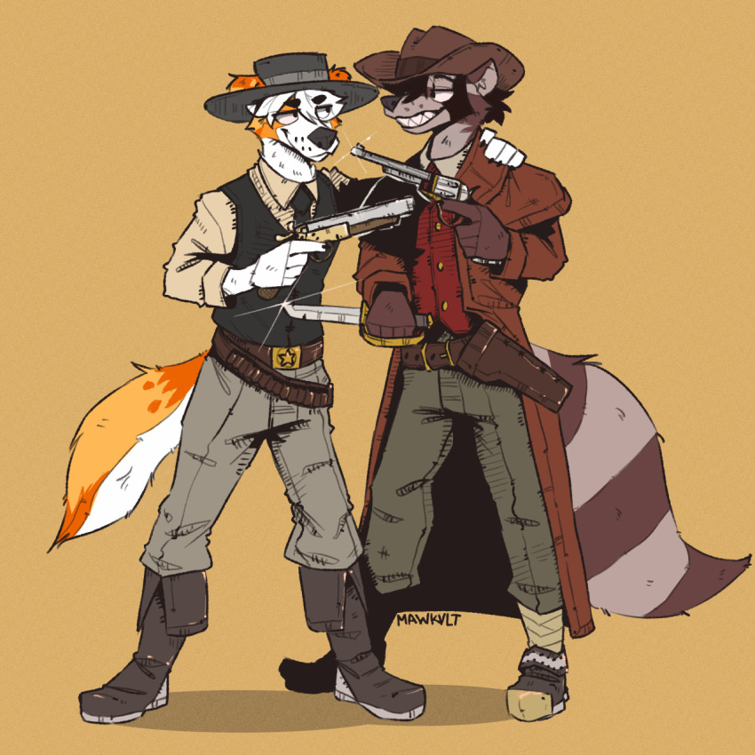 2022 anthro boots bottomwear clothed clothing cowboy_hat duo duster_coat footwear gun handgun hat headgear headwear hi_res kanon_(applejacksville) knife male mawkvlt pants ranged_weapon revolver simple_background standing topwear vest weapon wild_west