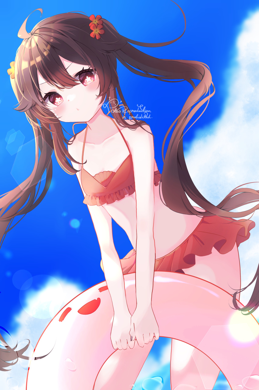1girl :3 absurdres ahoge bangs bare_shoulders bikini bikini_skirt blue_sky blush breasts brown_hair cloud collarbone day eyelashes floating_hair flower flower-shaped_pupils frilled_bikini frills genshin_impact hair_flower hair_ornament halterneck highres holding holding_innertube hu_tao_(genshin_impact) innertube leaning_forward long_hair looking_at_viewer outdoors plum_blossoms poteo red_bikini red_eyes sidelocks sky small_breasts solo standing swimsuit symbol-shaped_pupils thighs twintails v_arms very_long_hair