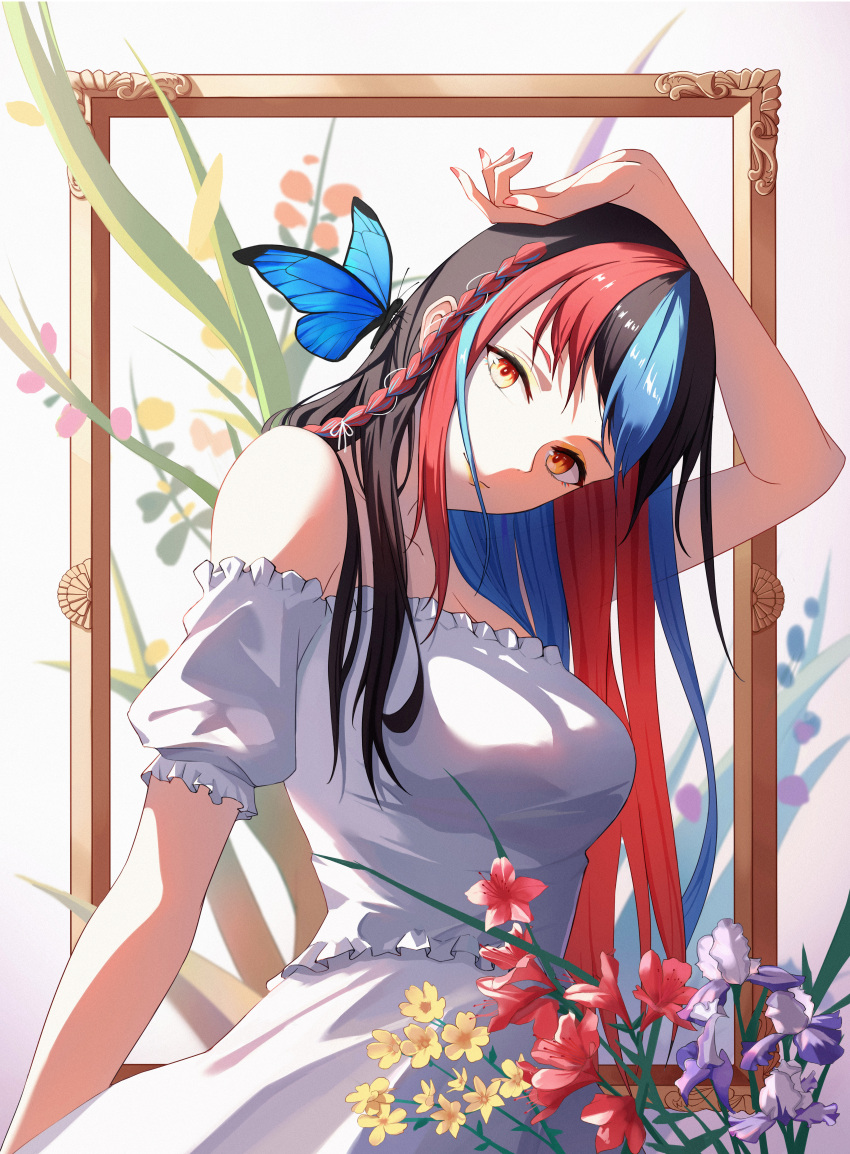 1girl absurdres aweiwei1998 black_hair blue_hair braid breasts bug butterfly butterfly_on_head closed_mouth collarbone dress flower hair_over_mouth harusaruhi highres kamitsubaki_studio long_hair looking_at_viewer makeup mascara medium_breasts multicolored_hair nail_polish off-shoulder_dress off_shoulder orange_eyes red_flower red_hair red_nails shiny shiny_hair short_sleeves single_braid smile solo sundress very_long_hair virtual_youtuber white_dress white_flower yellow_flower yellow_lips