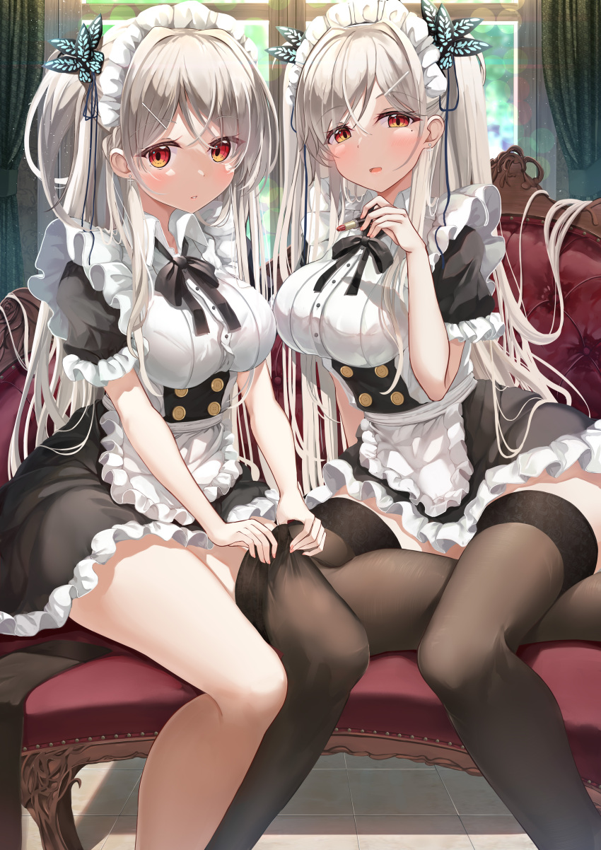 2girls absurdres apron black_bow black_bowtie black_ribbon black_thighhighs blush bow bowtie breasts closed_mouth frilled_apron frills grey_hair hair_bow highres hiragi_ringo indoors large_breasts long_hair looking_at_viewer maid maid_apron maid_headdress multiple_girls original parted_lips red_eyes ribbon sitting thighhighs zettai_ryouiki