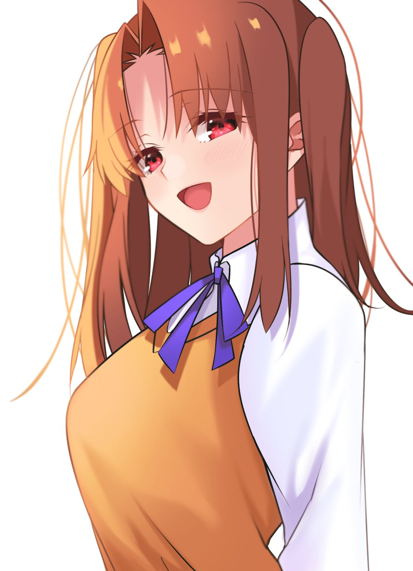 1girl bangs blue_ribbon blush breasts brown_hair collared_shirt commentary_request exa_(koyuru) forehead happy_birthday highres large_breasts long_hair long_sleeves looking_at_viewer neck_ribbon open_mouth parted_bangs red_eyes ribbon school_uniform shirt simple_background smile solo tsukihime two_side_up uniform upper_body vest white_background white_shirt yellow_vest yumizuka_satsuki