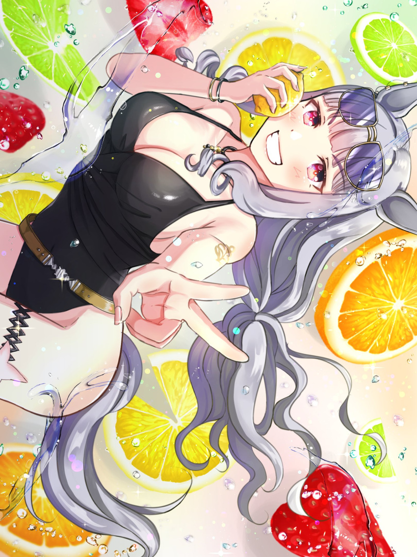 1girl animal_ears bangs black_swimsuit blunt_bangs bracelet breasts cleavage commentary eyewear_on_head food fruit gold_ship_(run_revolt_launcher)_(umamusume) gold_ship_(umamusume) grey_hair highres holding holding_food horse_ears horse_girl horse_tail jewelry large_breasts lemon long_hair looking_at_viewer mochitsuki_wataame necklace official_alternate_costume one-piece_swimsuit purple_eyes solo sunglasses super_smashing_summer_vacation_(umamusume) swimsuit tail umamusume v