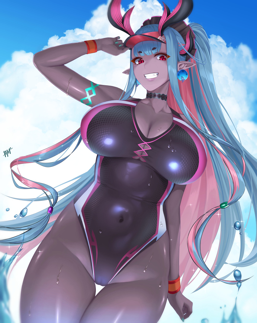 1girl absurdres bangs bare_shoulders black_swimsuit blue_hair blue_sky blush body_markings breasts choker cleavage collarbone colored_skin covered_navel earrings eyeliner fate/grand_order fate_(series) grey_skin grin hair_between_eyes highleg highleg_swimsuit highres horns ibuki_douji_(fate) ibuki_douji_(swimsuit_berserker)_(fate) jewelry kisaragi_tsurugi large_breasts long_hair looking_at_viewer makeup multicolored_hair one-piece_swimsuit oni oni_horns pink_hair pink_headwear pink_swimsuit pointy_ears ponytail red_eyes sidelocks sky smile solo swimsuit tail thighs two-tone_swimsuit visor_cap wet wristband