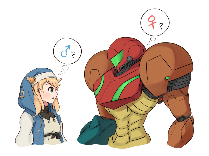 1boy 1girl ? abs androgyne_symbol arm_cannon armor blonde_hair bridget_(guilty_gear) commentary gravity_suit green_eyes guilty_gear guilty_gear_strive helmet hood hood_up hooded_jacket hoodie jacket looking_at_another metroid metroid_(classic) nun open_mouth otoko_no_ko pointy_nose power_suit samus_aran simple_background thought_bubble upper_body wakaba_(wata_ridley) weapon white_background white_sleeves