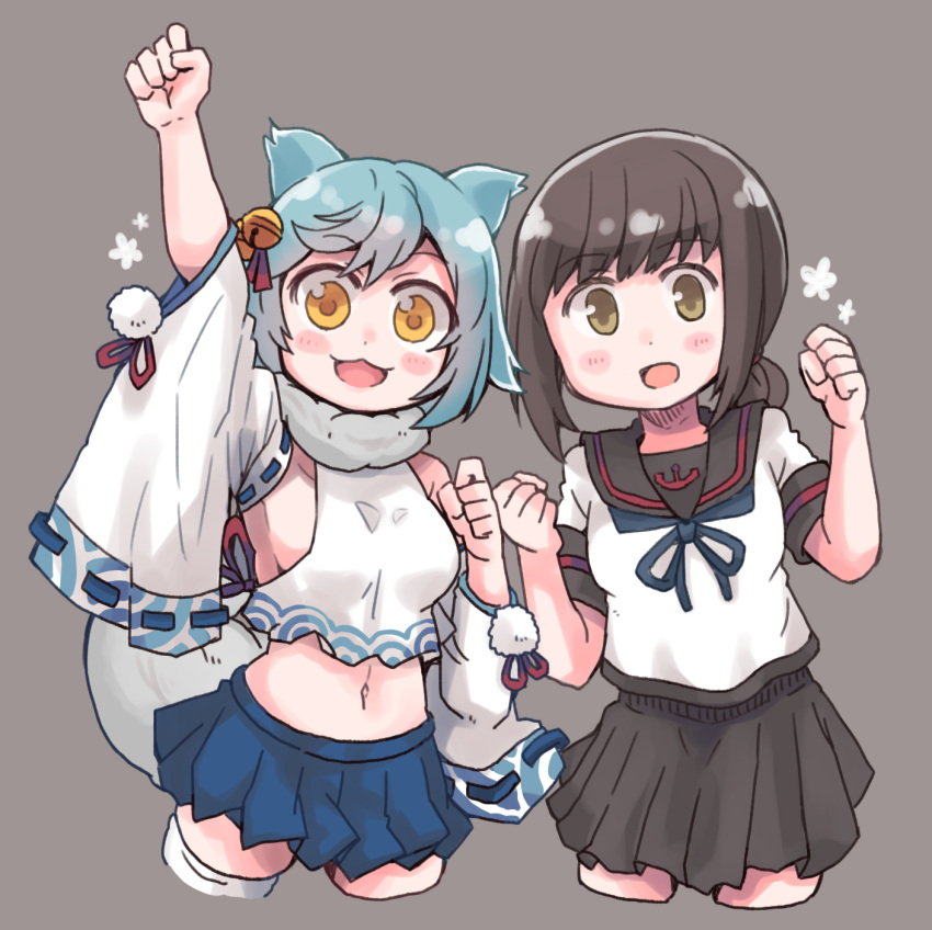 2girls :3 animal_ears aqua_hair arm_up azur_lane bangs bell black_sailor_collar black_skirt blush breasts brown_eyes brown_hair clenched_hands cropped_legs cropped_torso crossover detached_sleeves dual_persona es_(eisis) fox_ears fox_girl fox_tail fubuki_(azur_lane) fubuki_(kancolle) fubuki_kai_ni_(kancolle) grey_background hair_bell hair_ornament highres kantai_collection looking_at_viewer low_ponytail medium_breasts multiple_girls namesake navel open_mouth orange_eyes ponytail ribbon-trimmed_sleeves ribbon_trim sailor_collar school_uniform serafuku short_ponytail simple_background skirt tail thighhighs white_thighhighs wide_sleeves