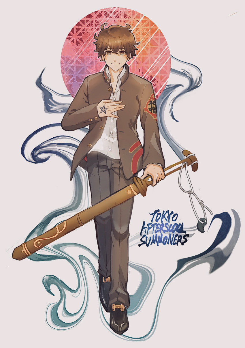 1boy brown_hair collared_jacket collared_shirt fog grey_eyes hand_tattoo highres jacket looking_at_viewer magatama male_focus master_4_(housamo) messy_hair pants roundofnine school_uniform shirt shoes short_hair simple_background smile solo sword tattoo text_focus tokyo_afterschool_summoners walking weapon white_background