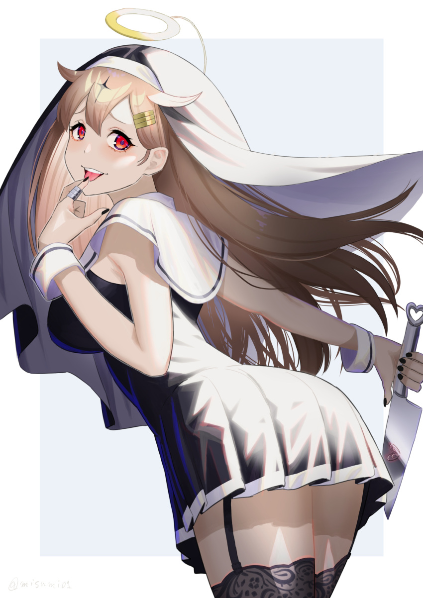 1girl alternate_costume ass bangs black_thighhighs blonde_hair breasts cosplay finger_to_tongue garter_straps god-ish_(vocaloid) habit hair_flaps hair_ornament hairclip highres jewelry kantai_collection knife large_breasts long_hair looking_at_viewer misumi_(niku-kyu) red_eyes ring simple_background solo thighhighs vocaloid yuudachi_(kancolle) yuudachi_kai_ni_(kancolle)