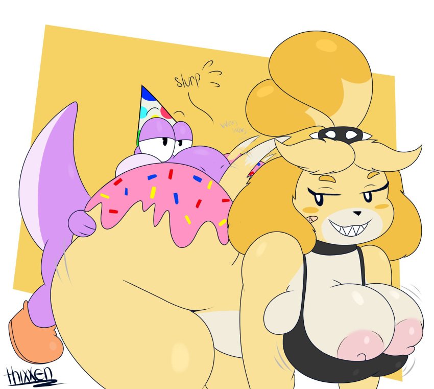 anal animal_crossing anthro areola bent_over big_breasts big_butt black_eyes blonde_hair bra breasts butt canid canine canis clothing dipstick_tail domestic_dog duo english_text female footwear frosting frosting_on_butt hair half-closed_eyes hand_on_butt hat headgear headwear hi_res huge_butt isabelle_(animal_crossing) male male/female mammal markings mostly_nude narrowed_eyes nintendo nipples onomatopeia oral party_hat pink_areola pink_nipples purple_yoshi purps rimming sex shih_tzu shoes smile sound_effects tail_markings text thick_thighs thixxen toy_dog underwear video_games wide_hips yellow_body