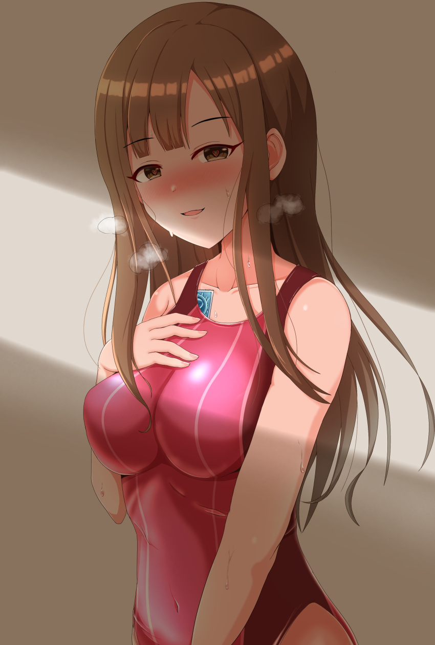 1girl absurdres breasts brown_hair come_hither competition_swimsuit condom condom_wrapper covered_navel hand_on_own_chest heart heart-shaped_pupils highres hime_cut idolmaster idolmaster_cinderella_girls long_hair mizumoto_yukari one-piece_swimsuit raindrop746079 red_swimsuit sweat swimsuit symbol-shaped_pupils