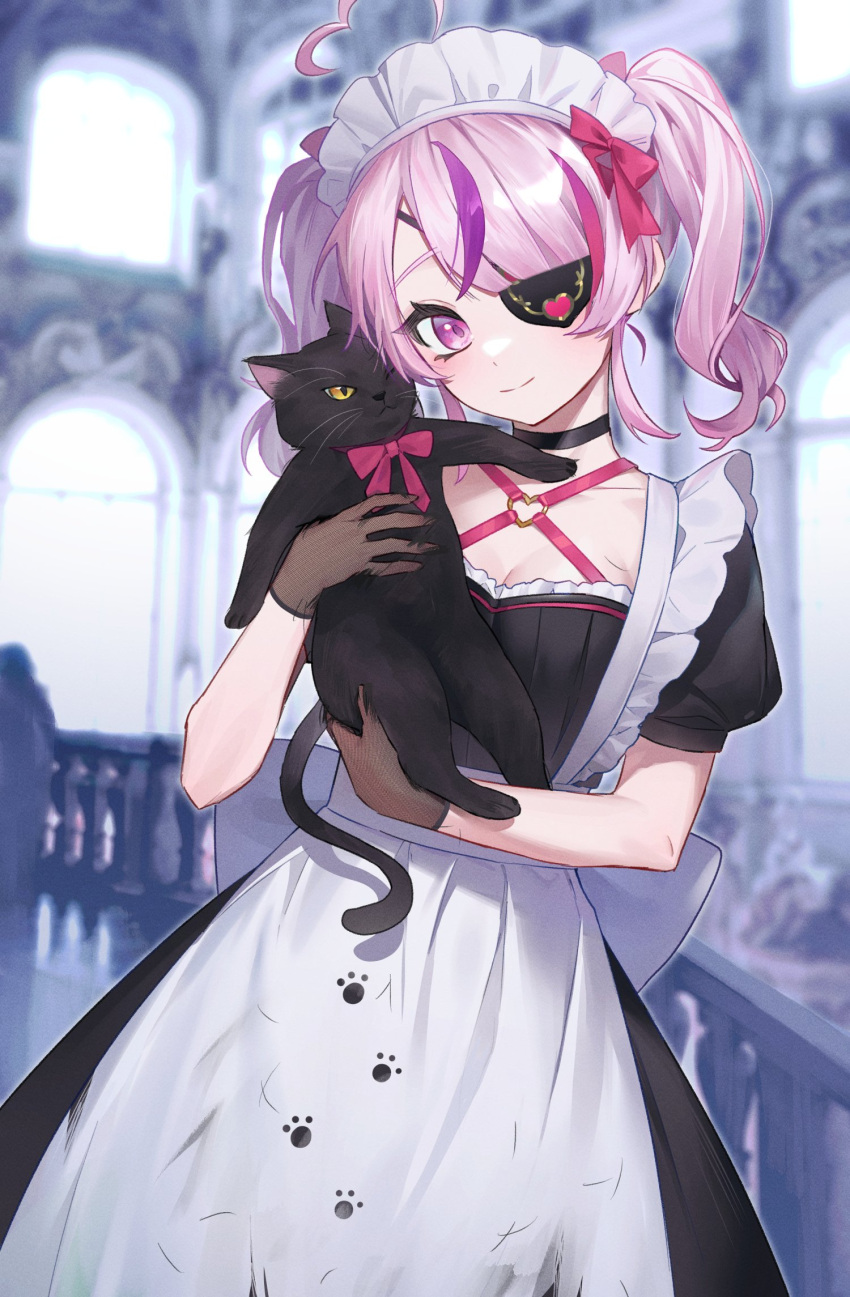 1girl ahoge alternate_costume apron bangs belt black_cat black_choker black_dress black_gloves bow bowtie breasts carrying carrying_under_arm cat choker cleavage dress enmaided eyepatch fishnet_gloves fishnets frills gloves hair_bow hair_tie heart heart_ahoge highres looking_at_viewer maid maid_apron maid_headdress mansion maria_marionette medium_hair multicolored_hair nijisanji nijisanji_en one_eye_covered pink_belt pink_bow pink_bowtie pink_hair puffy_short_sleeves puffy_sleeves purple_eyes purple_hair short_sleeves short_twintails skirt small_breasts smile solo streaked_hair twintails virtual_youtuber vziu waist_apron white_apron