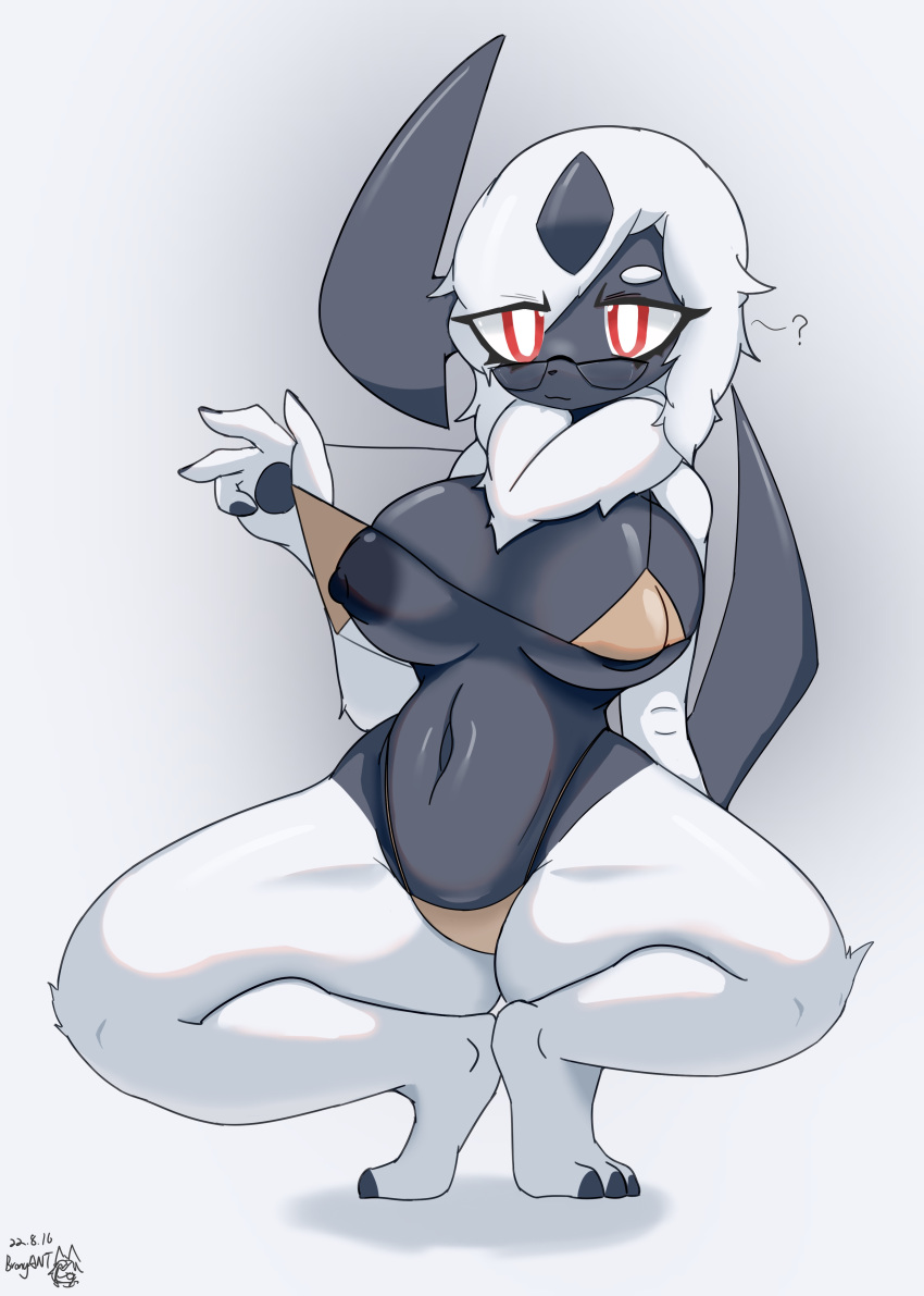 absol absurd_res anthro black_nipples breasts bronyant clothing female hi_res looking_at_viewer navel nintendo nipples pok&eacute;mon pok&eacute;mon_(species) pok&eacute;morph solo spread_legs spreading swimwear video_games white_body